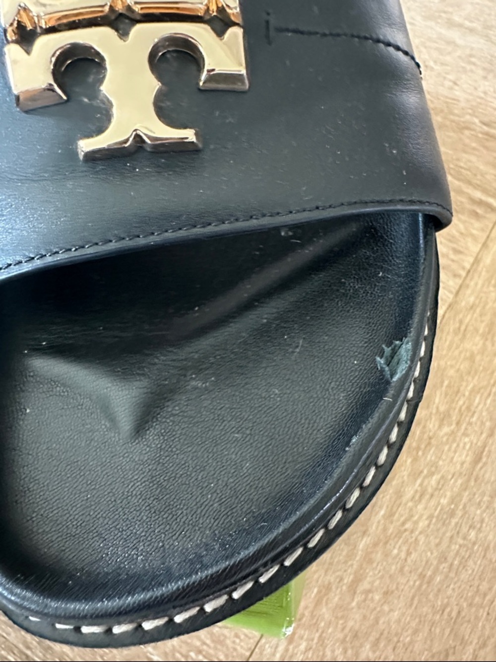 Tory Burch Black Leather Slide Sandals with Gold Logo Accent - Picture 3 of 10